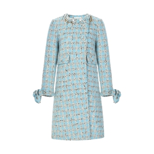 lefame拉飞姆冬季蓝色丝带缠绕珠链装饰粗花呢大衣