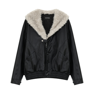 pusumede 高品私服 复古大毛领pu皮夹克女设计感短款保暖皮衣外套