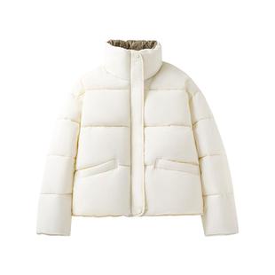 班尼路白色立领短款面包服女款冬季新款加厚巨好看保暖棉服外套Q
