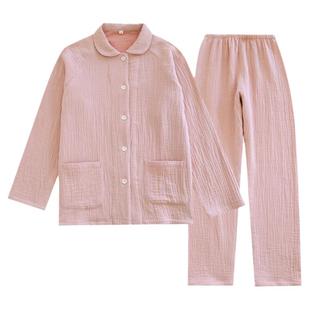 高档纯棉四层纱布睡衣女秋冬加厚色织长袖无印格子情侣宽松家居服