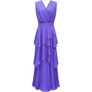 复古V领燕尾连衣裙女旅游拍照好看绝美紫罗兰色大摆雪纺长裙飘逸