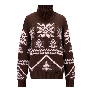 EVAOUXIU粉棕可露丽费尔岛高领毛衣女2026年春新商场同款复古毛衫