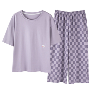睡衣女士夏季纯棉短袖七分裤中年妈妈宽松加肥大码胖子家居服套装