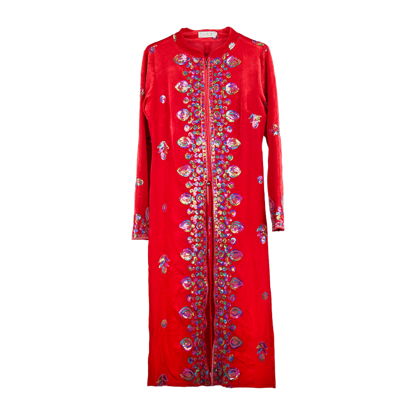 新款新疆舞演出服金丝绒秋冬款亮片长袷袢维吾尔族广场舞保暖马甲