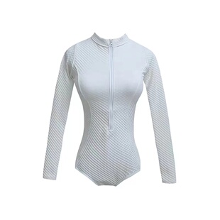 白色高级小香ins网红风游泳装长袖连体度假尾波冲浪潜水服泳衣女