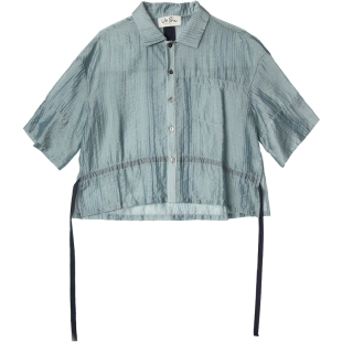 unbleu短袖衬衫外套女夏季薄款开衫蓝色外搭衬衣天丝短款宽松上衣