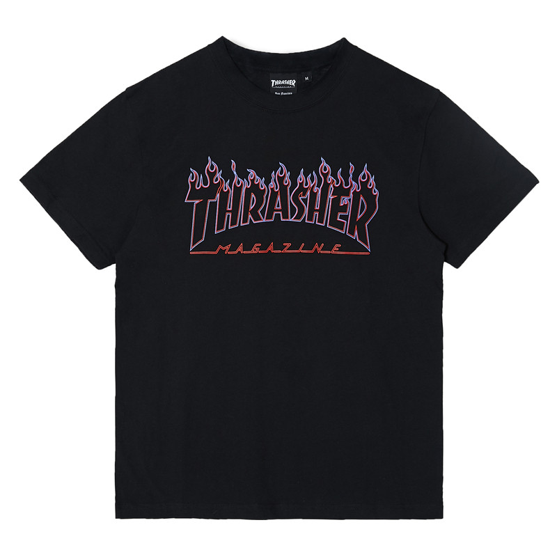 正品现货 日版火焰短袖Thrasher 新款镂空紫线蓝边logo情侣T恤 潮