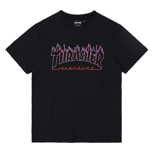 正品现货 日版火焰短袖Thrasher 新款镂空紫线蓝边logo情侣T恤 潮