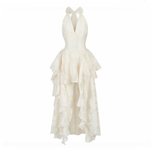 现货“月影琉璃”法式优雅收腰度假网纱提花气质荷叶边挂脖长裙