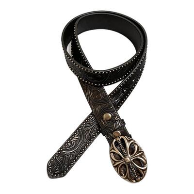 小心袖口 Vintage中古暗黑铆钉雕花皮带小众男女做旧金属扣头腰带