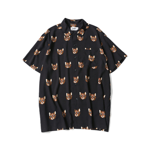 PRAGMATY 夏威夷Aloha风 忧郁猫印花休闲 短袖衬衫 情侣