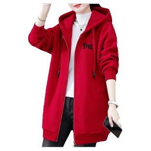 欧货大码连帽卫衣女加绒加厚2024秋冬新款拉链外套宽松中长款上衣