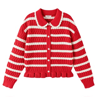 巴拉巴拉女童针织衫外套中大童开衫毛衣秋冬春装儿童红色新年童装