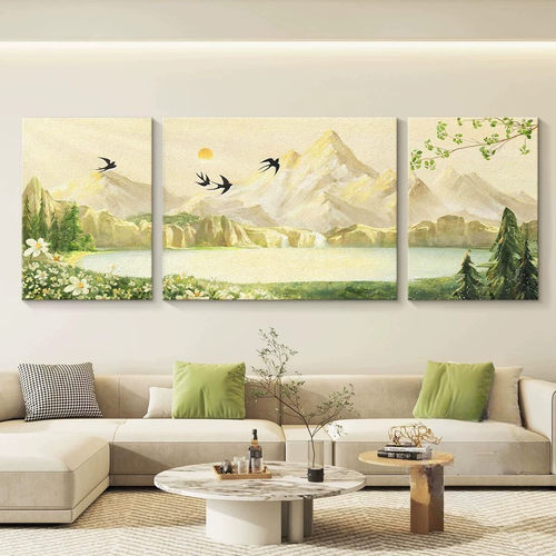 奶油风轻奢客厅装饰画风景山水沙发背景墙挂画简约现代高级感壁画