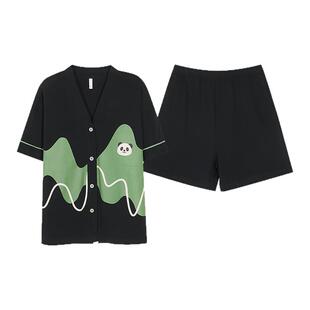 卡之恋带胸垫睡衣女款夏季纯棉短袖短裤薄款黑色熊猫家居服两件套