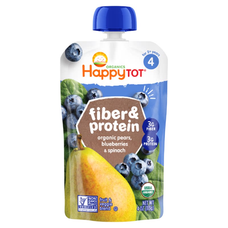 禧贝happy baby 有机营养梨蓝莓菠菜纤维蛋白质果泥113克宝宝2岁+