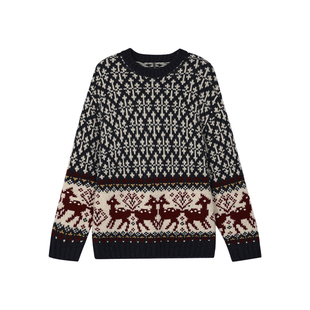 UOOYAA/乌丫2025冬季新款「魔法花园」复古小鹿纹样提花套头毛衫