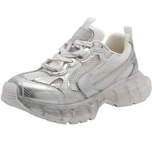 百丽女鞋子小果冻银色厚底老爹鞋新款透气运动休闲鞋子B2049CM4