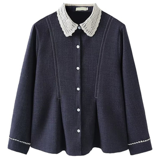 200斤显瘦职场新贵风上衣胖莹莹大码女装春蕾丝领收腰A字长袖衬衫