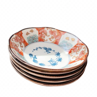 现货日本进口古伊万里烧美浓烧染锦花草千鸟陶瓷钵盘拌面碗16522