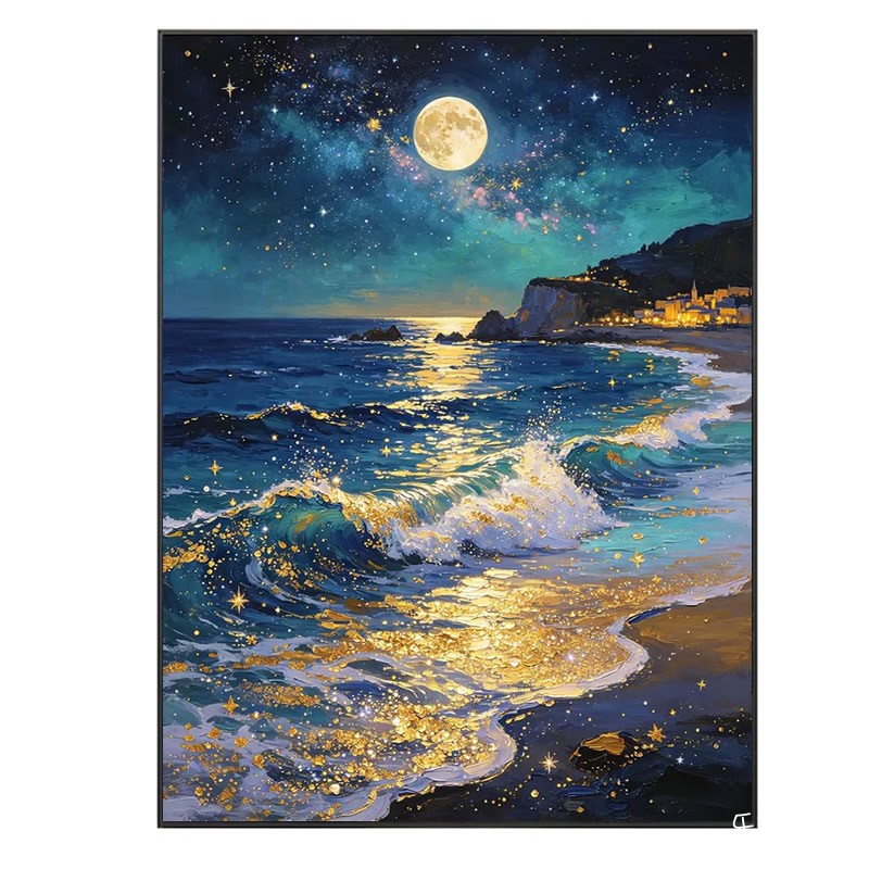 海边夜景2026新款钻石画方钻满钻月亮风景客厅粘点钻十字绣贴钻画