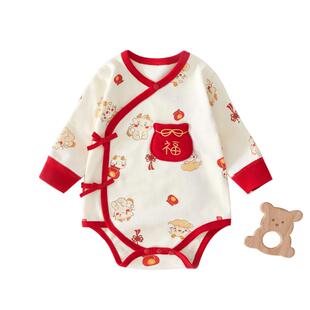 新生婴儿衣服春季包屁衣满月宝宝红色连体衣婴幼儿纯棉长袖哈衣男