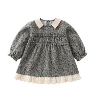 微澜modomoma女童连衣裙秋季娃娃领碎花裙长袖纯棉宝宝打揽裙子