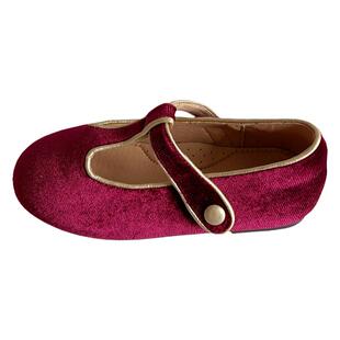 韩国秋冬新款加绒丝绒红色舞蹈鞋女童公主鞋复古儿童宝宝加绒皮鞋