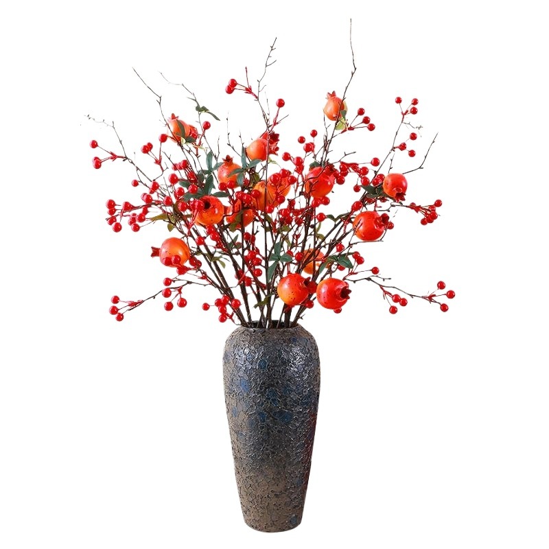 冬青红果发财果仿真花假花摆设柿子石榴果干花花束客厅装饰花摆件