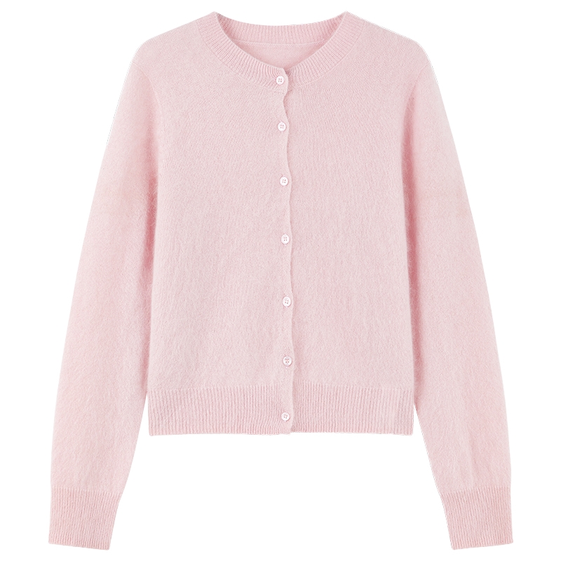 秋水伊人圆领粉色羊绒衫女针织开衫2025年冬季新款清新宽松上衣