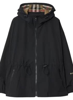 自营Burberry/博柏丽 女士黑色聚酯纤维字母抽绳连帽外套