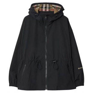 自营Burberry/博柏丽 女士黑色聚酯纤维字母抽绳连帽外套