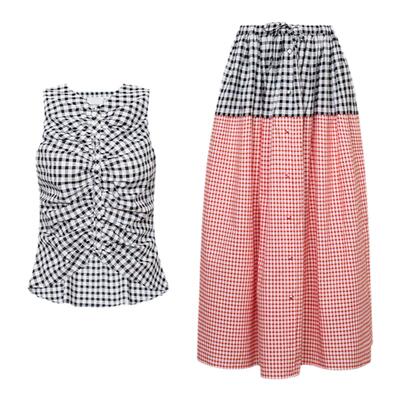 TOP家褶皱收腰撞色格子拼接半裙