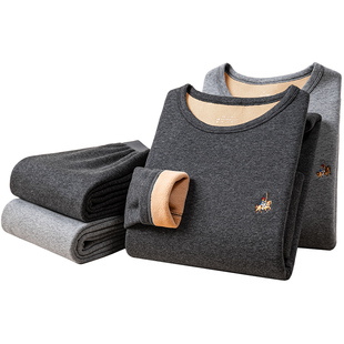 2025冬季保暖内衣男士加绒加厚橘黄色纯棉套装防寒秋衣秋裤打底衫