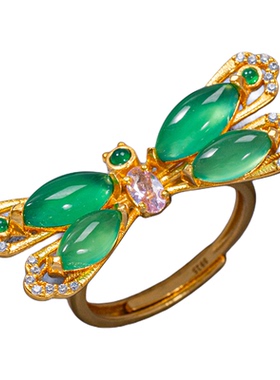 衣锦媚行原创设计s925银镀金绿玛瑙蜻蜓戒指开口可调节女戒指环