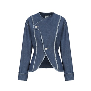 AtelierMissLu【海浪晚风】2024春夏毛边设计交叠领收腰廓形外套