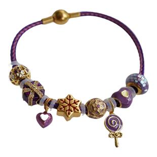 紫色雪花3D镀金可穿3d硬金手绳DIY周家琉璃合金配饰串珠钢丝手绳