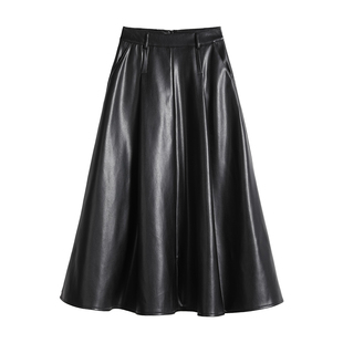 咖色加绒皮裙半身裙女冬季加绒高腰a字中长款PU皮伞裙