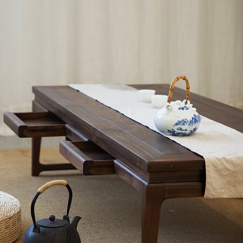 全实木炕桌榻榻米桌子榆木飘窗小茶几禅意新中式黑胡桃木家用矮桌