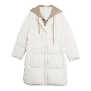 ELLE90白鸭绒撞色连帽中长款羽绒服女2025冬季新款加厚保暖外套