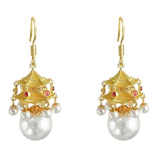 新中式六角楼阁耳环女独特设计宫廷风耳钉精致轻奢国风珍珠款耳饰