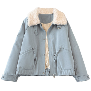 小香风蓝色麂皮绒羽绒内胆外套女2025冬装新款漂亮羊羔毛翻领夹克
