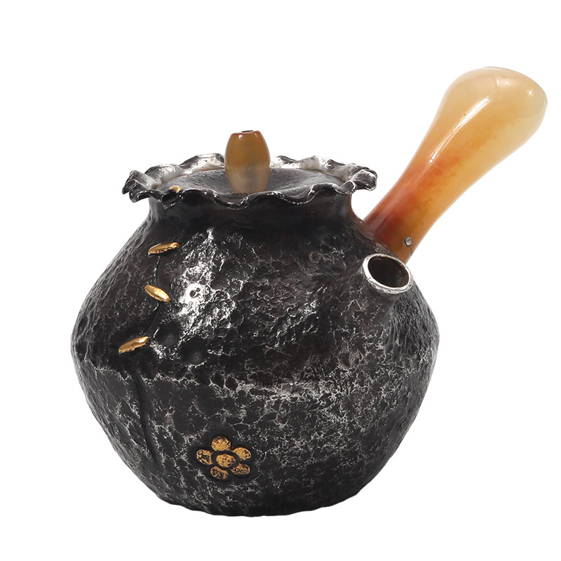 纯银999手工玉石侧把泡茶壶银壶