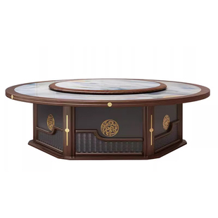 新中式电动餐桌酒店大圆桌岩板火锅桌子饭店会所包厢实木20人饭桌