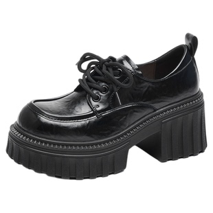 康龙女鞋2025秋季乐福鞋纯色系带英伦风增高单鞋厚底门店发货