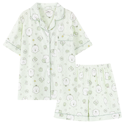 薄荷绿自嘲熊睡衣女款夏短袖纯棉