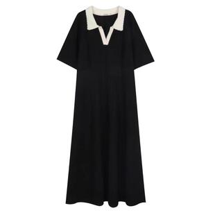 孕妇连衣裙夏短袖薄款POLO领长款黑色冰丝针织2026新款时尚辣妈女