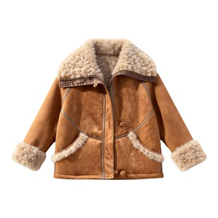 女童大毛领皮毛一体外套加绒冬季中大童加厚保暖仿羊羔毛机车上衣