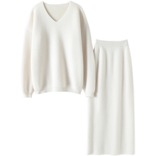启超温柔岁月~加厚！100%纯山羊绒衫女V领毛衣半身裙休闲羊绒套装