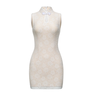 思瑞 白色短款露肩旗袍 夏原创纯欲无袖收腰显身材时尚包臀连衣裙